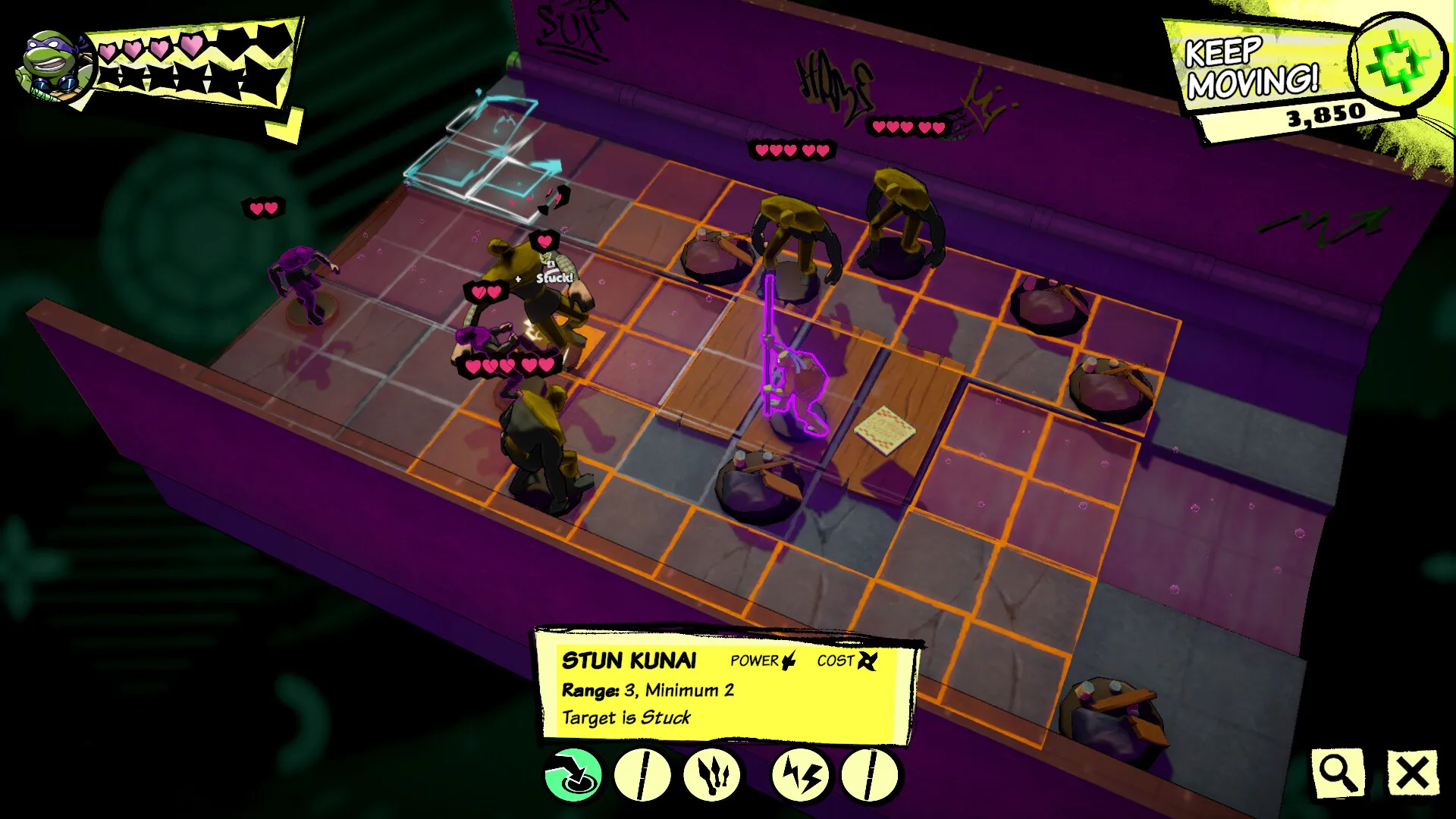 Captura Teenage Mutant Ninja Turtles Tactical Takedown – Vista Tactica Con Movimientos De Ataque Sobre Una Cuadricula