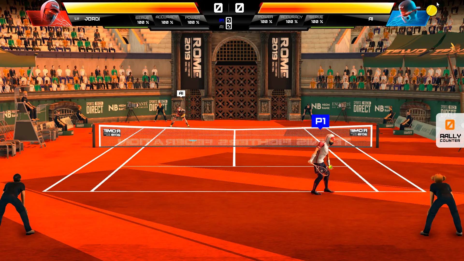 Captura Tennis Fighters – Partido En Cancha Roja Con Publico Y Marcador Visible