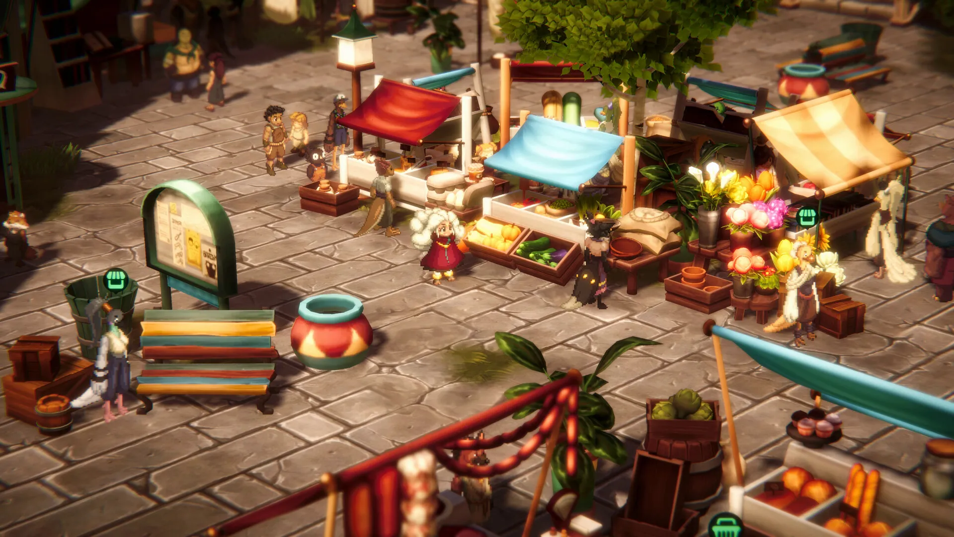 Captura Terra Memoria – Mercado Con Puestos De Frutas Y Objetos Coloridos En Una Villa Medieval