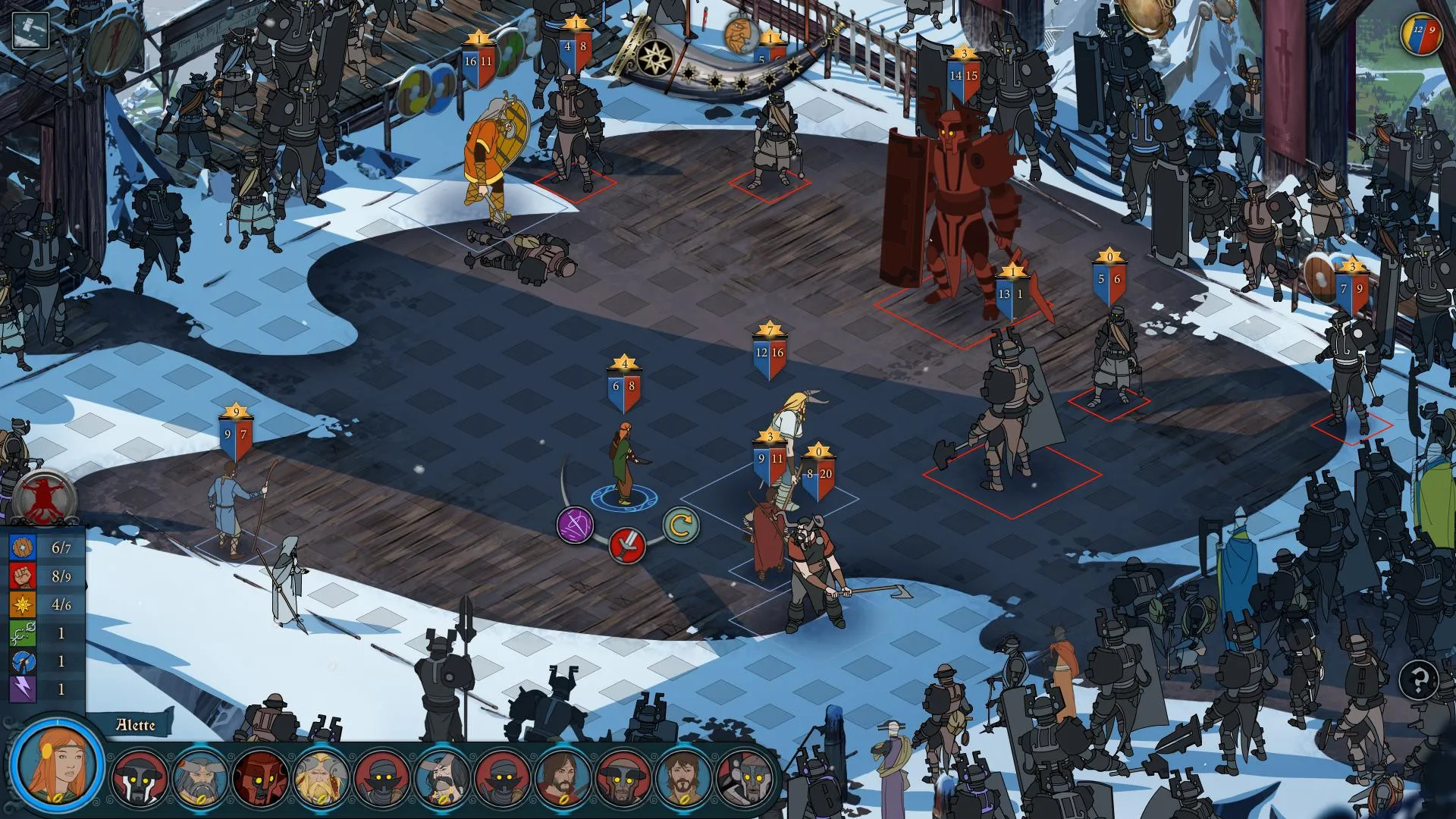 Captura The Banner Saga Combate Por Turnos Sobre Una Plaza Nevada Con Personajes Vikingos