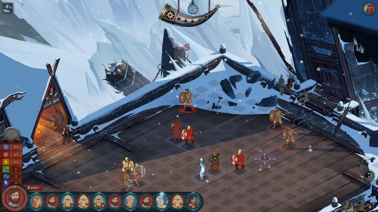 Captura The Banner Saga Escena De Combate En Una Terraza Helada Con Guerreros En Formacion