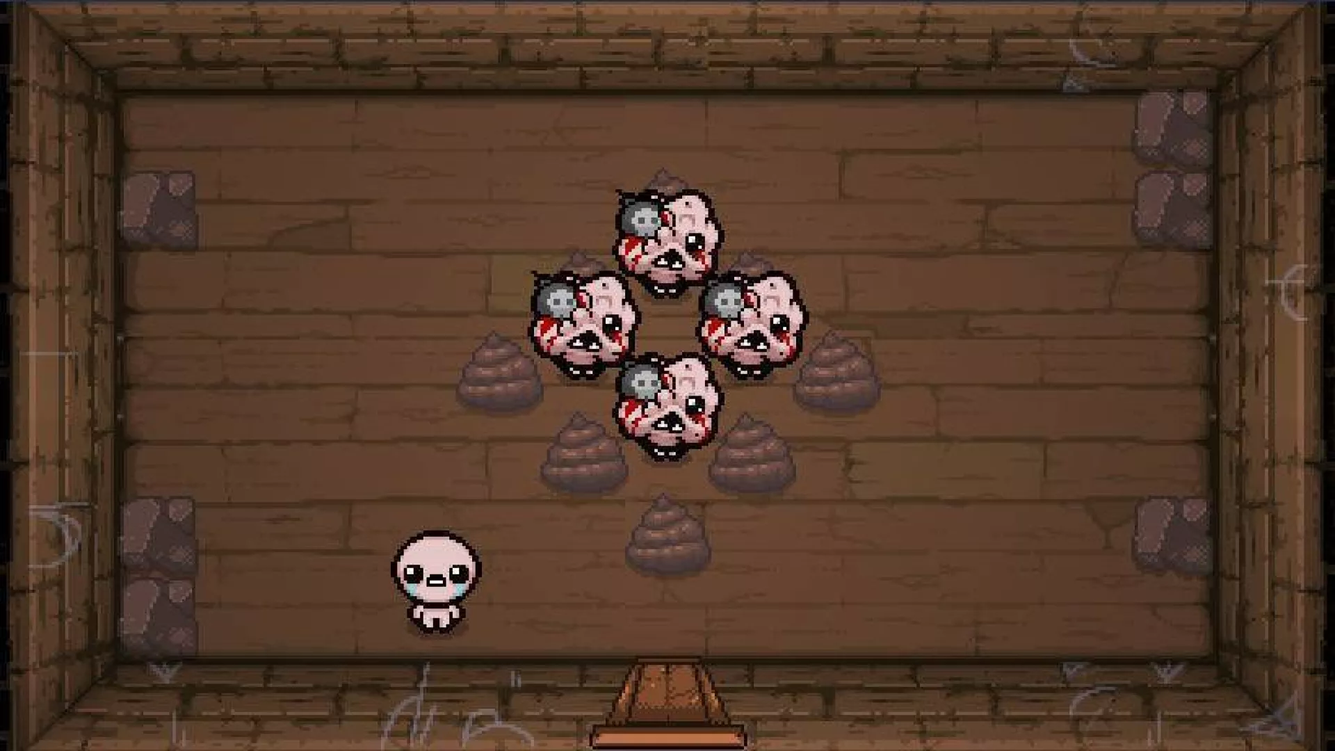 Captura The Binding Of Isaac – Personaje Rodeado Por Enemigos En Una Habitacion De Madera