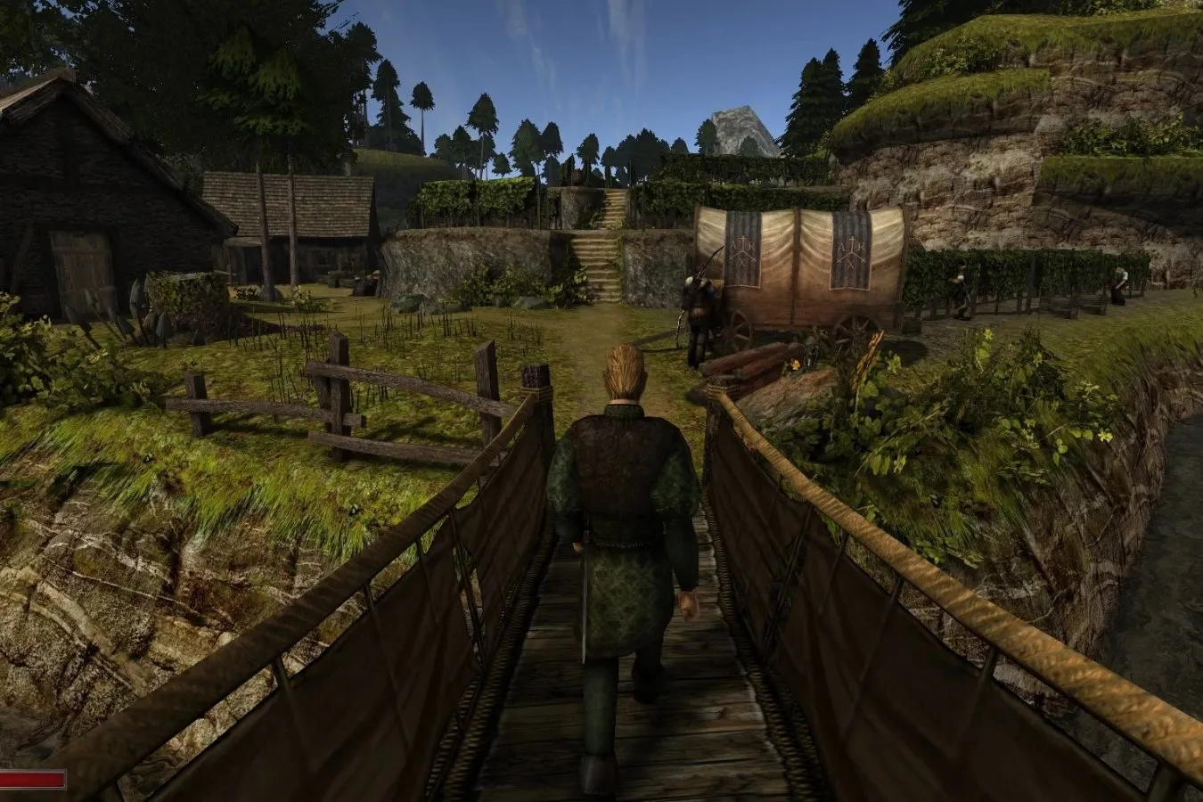 Captura The Chronicles Of Myrtana Archolos – Personaje Cruzando Un Puente De Madera Hacia Una Aldea