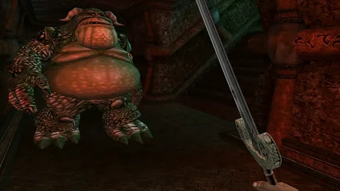 Captura The Elder Scrolls III Morrowind – Criatura Corpulenta Frente A Una Espada En Una Mazmorra Rojiza