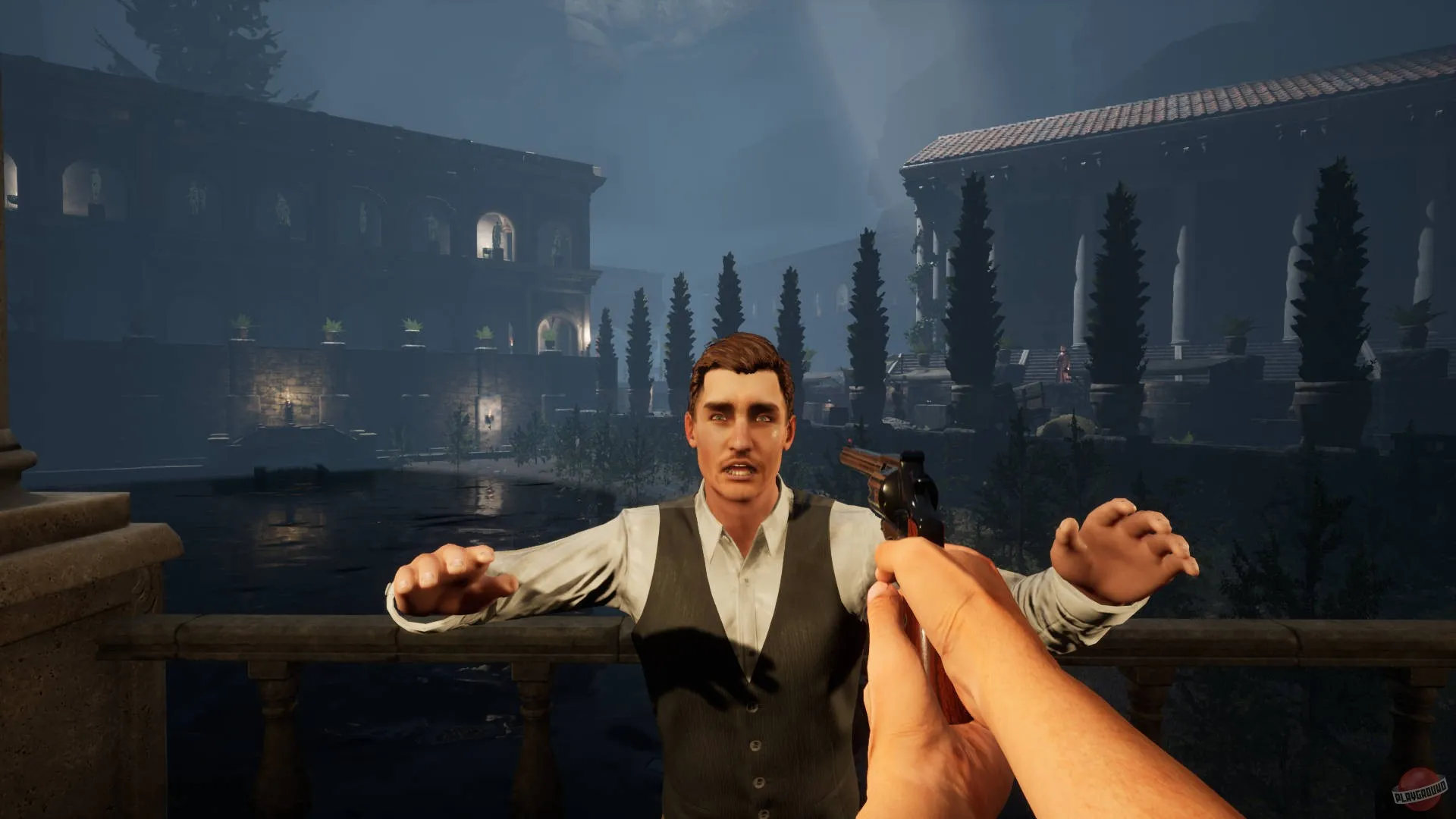 Captura The Forgotten City Hombre Apuntado Por El Jugador En Balcon Al Anochecer