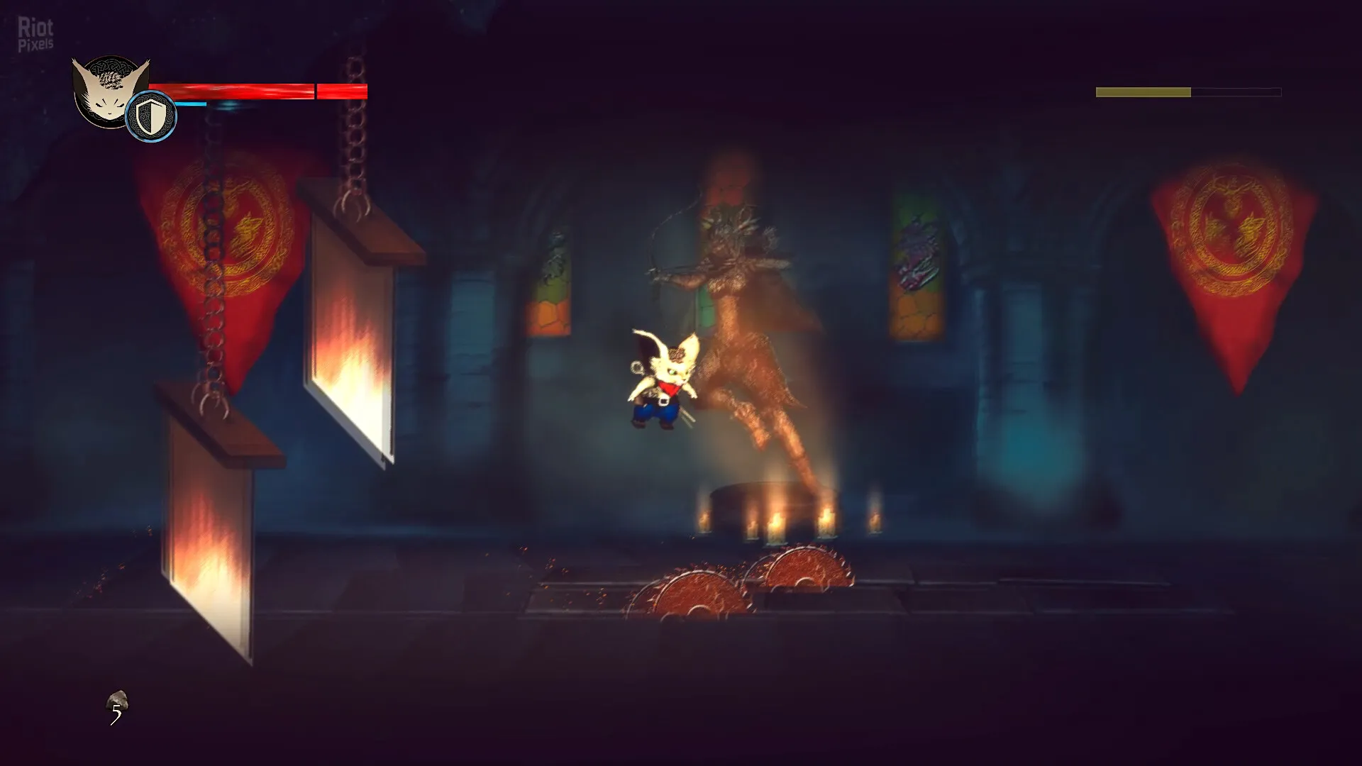 Captura The Little Brave – El Protagonista Salta En Una Habitacion Iluminada Con Pancartas