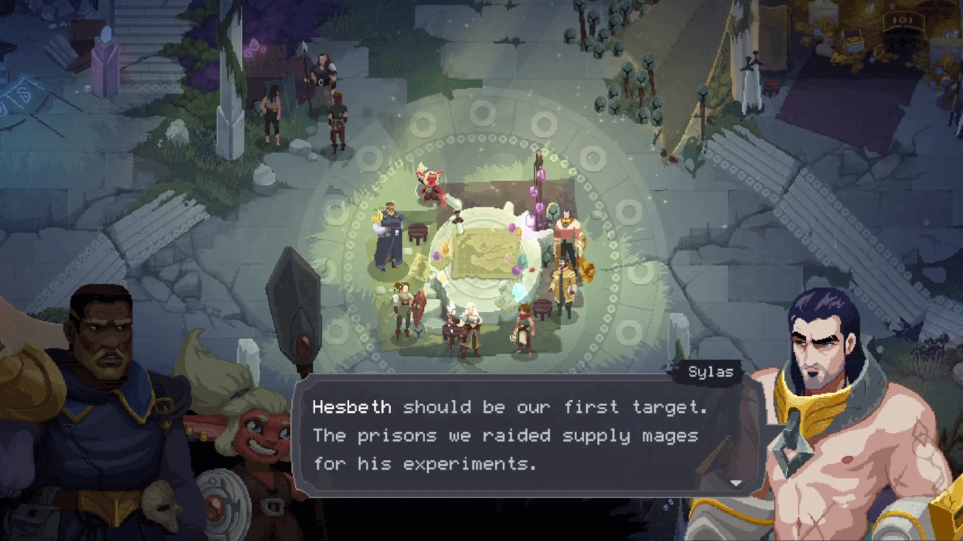 Captura The Mageseeker A League Of Legends Story – Escena Con Dialogo En Un Campamento Junto A Un Guerrero Sin Camisa