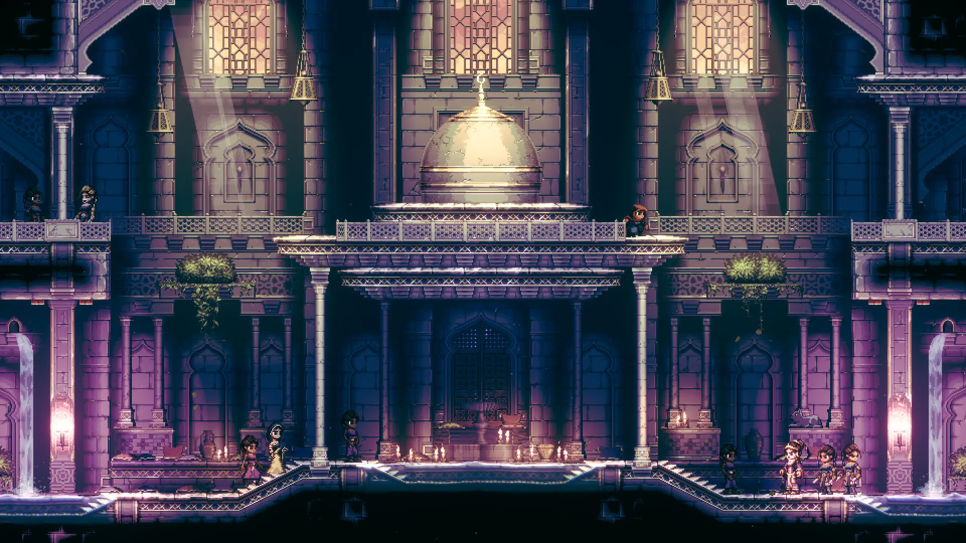 Captura The Siege And The Sandfox Sala Amplia De Columnas Rosadas Con Detalles Brillantes