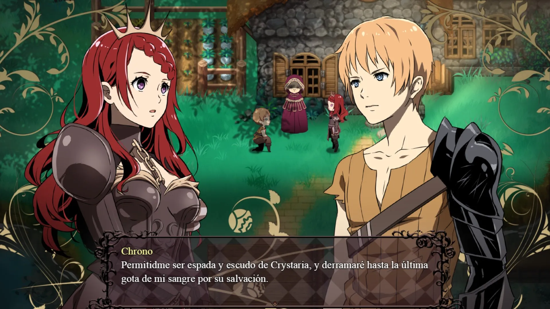 Captura The Silent Kingdom Dialogo Entre Una Mujer Pelirroja Y Un Caballero Rubio Frente A Un Jardin