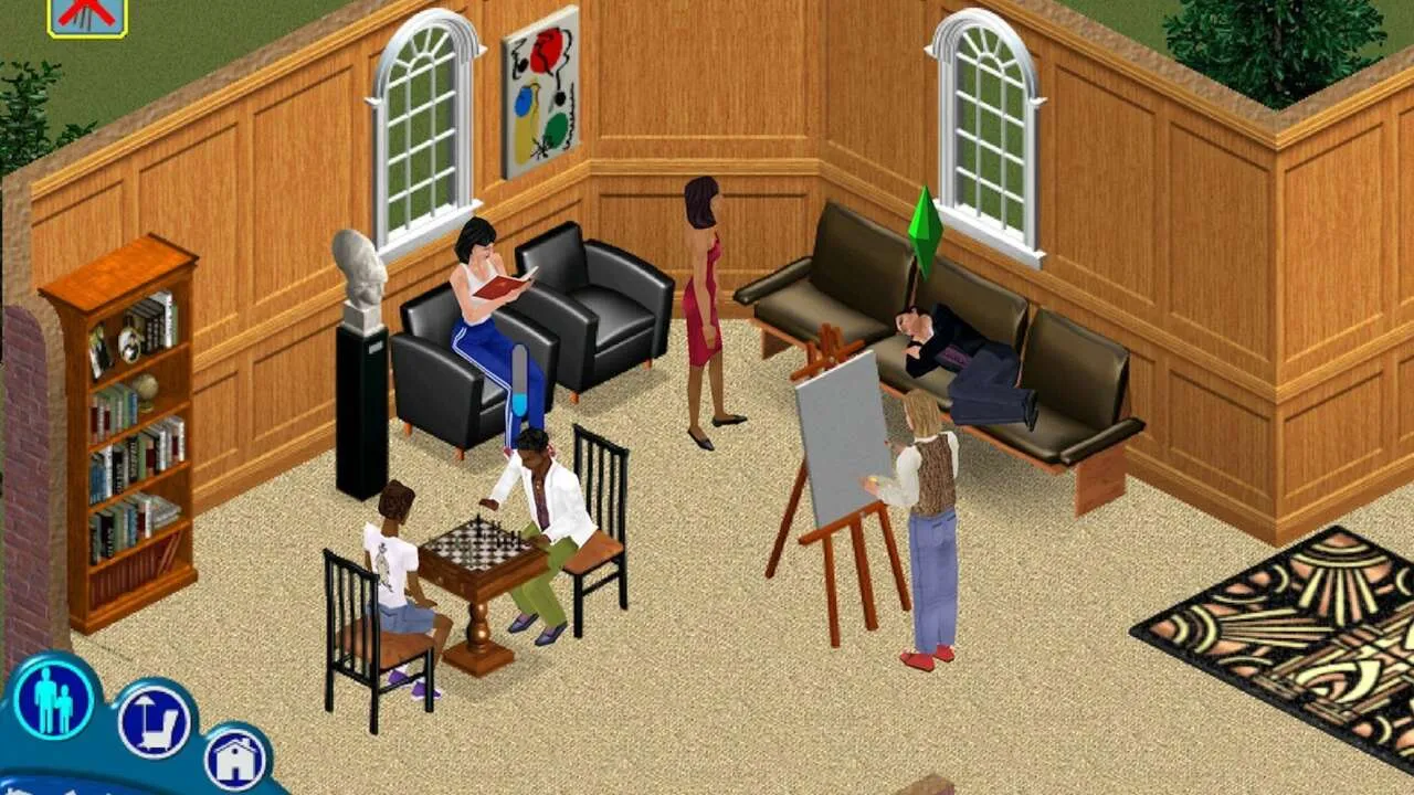 Captura The Sims 1 Collection Vista Interior De Una Casa Con Cuatro Sims Interactuando En Una Sala Amueblada