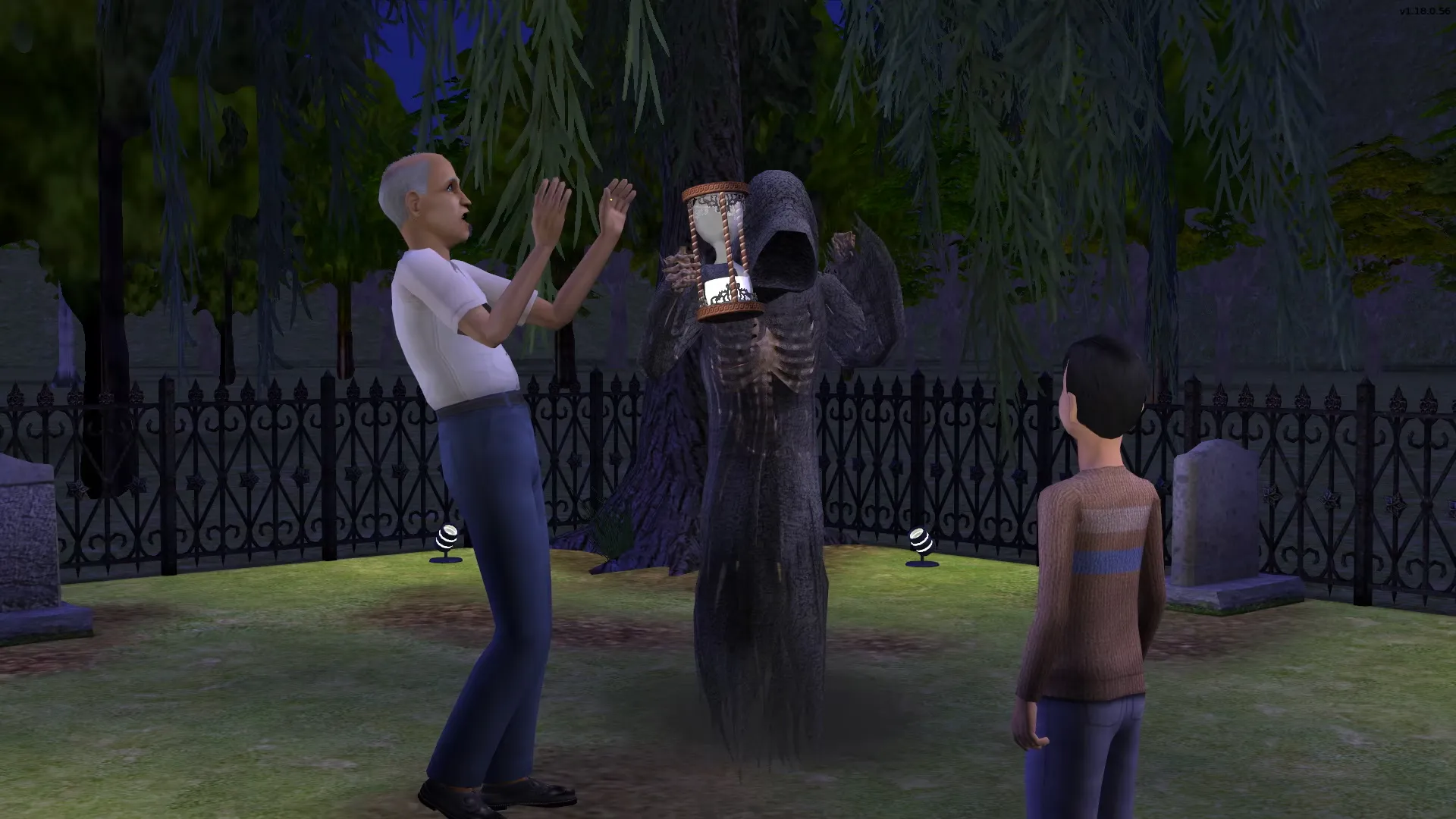 Captura The Sims 2 Un Sim Anciano Sostiene A La Parca Mientras Dos Ninos Observan