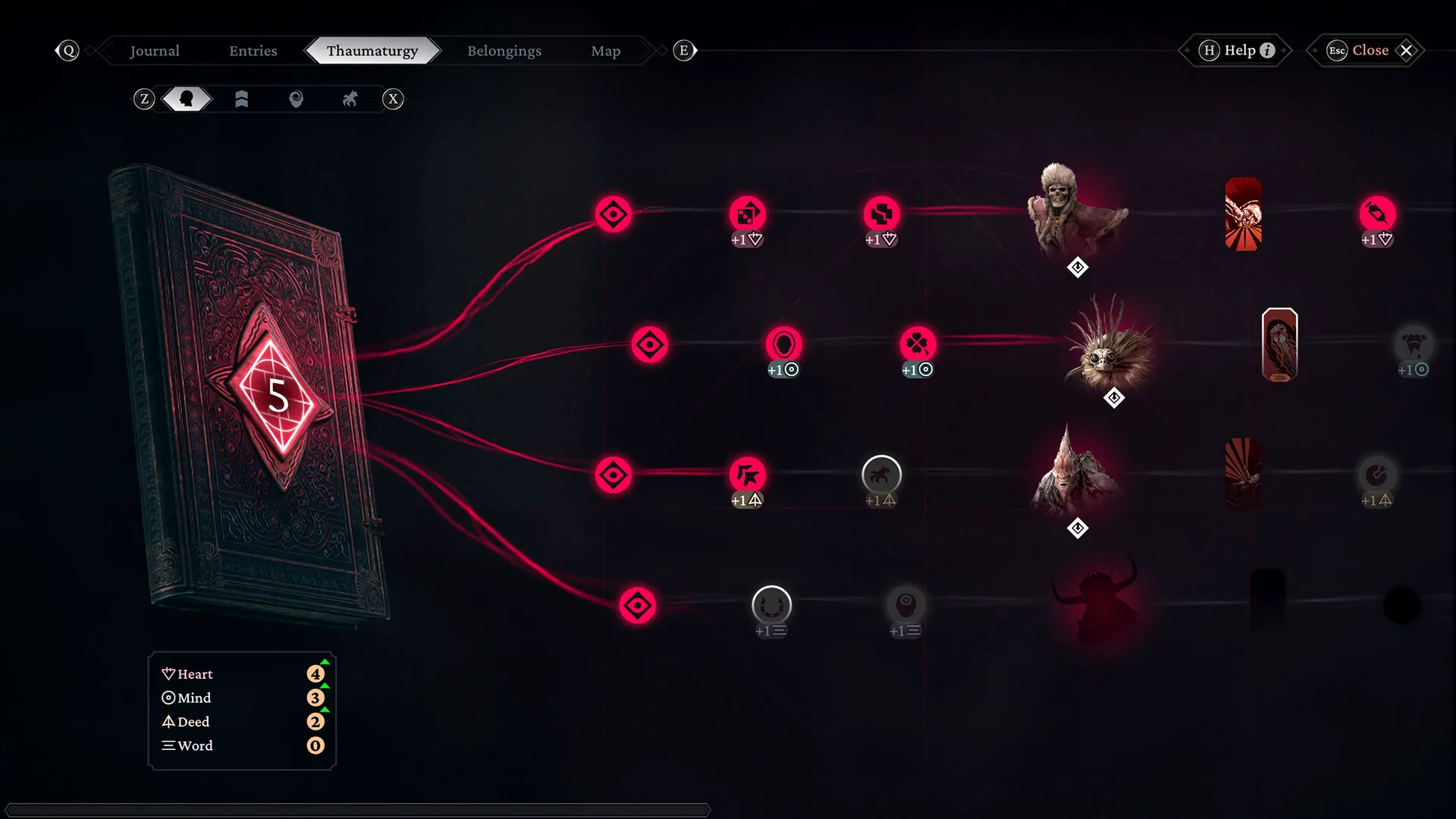Captura The Thaumaturge Arbol De Habilidades Con Nodos Rojos Y Lineas Conectadas Sobre Fondo Oscuro