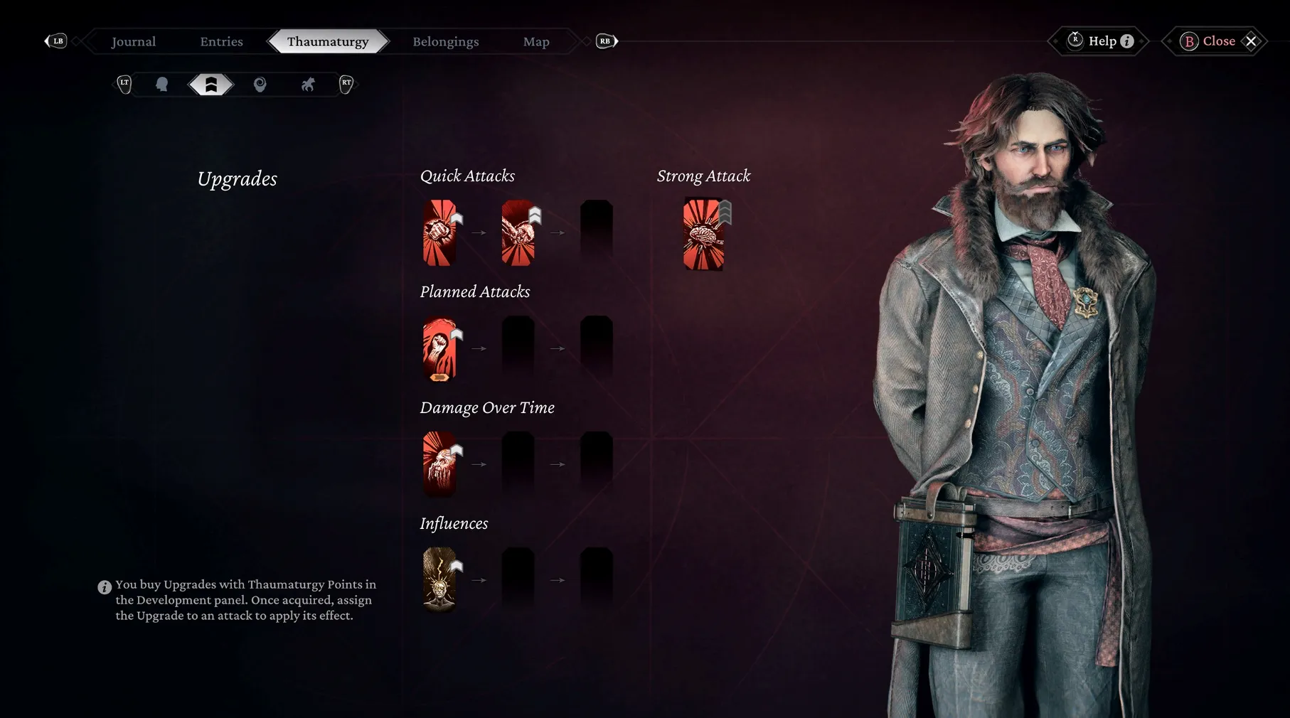 Captura The Thaumaturge Menu De Personaje Mostrando Habilidades Equipo Y Retrato A La Izquierda