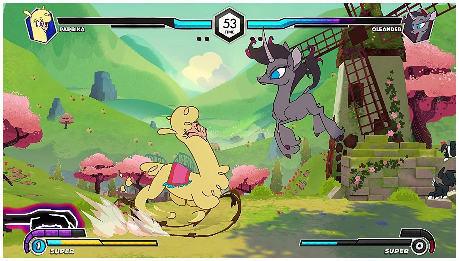 Captura Thems Fightin Herds – Escenario Verde Con Molino Y Dos Personajes Enfrentandose