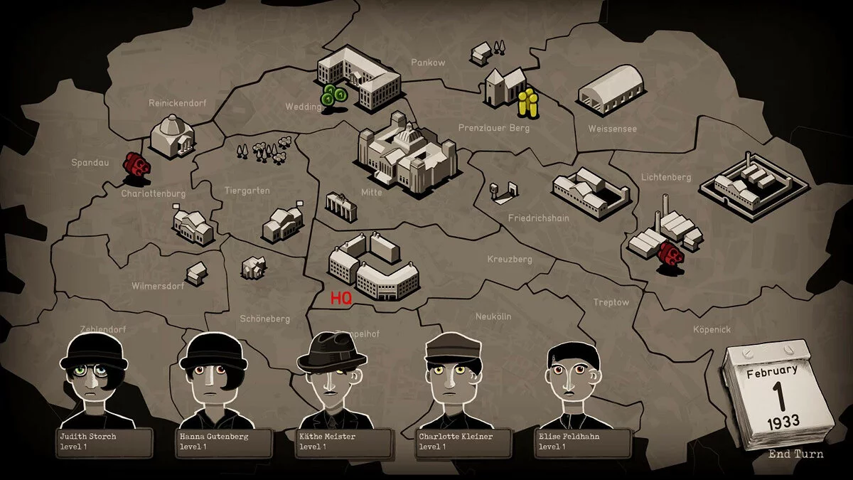 Captura Through The Darkest Of Times Vista Tactica Del Mapa De Berlin Con Ubicaciones Y Fichas De Personajes