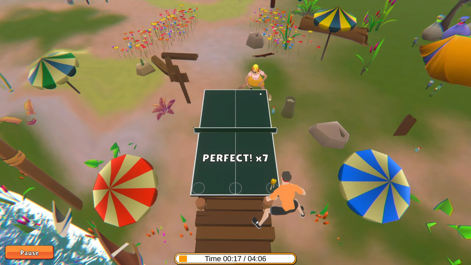 Captura Timo Boll Beats Mesa De Ping Pong En La Playa Con Sombrillas De Colores Y Animales Alrededor