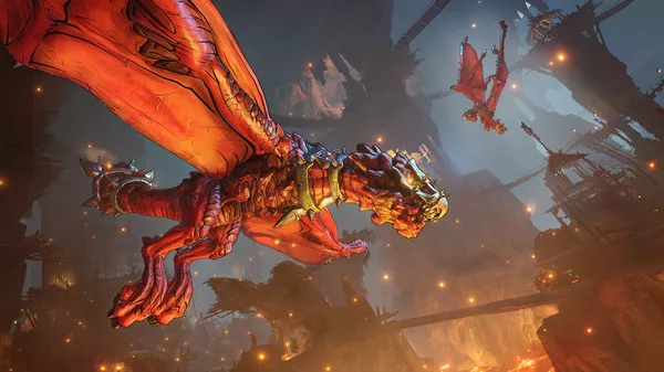 Captura Tiny Tinas Wonderlands – Dragon Rojo Sobrevolando Una Batalla Con Fuego Y Escombros