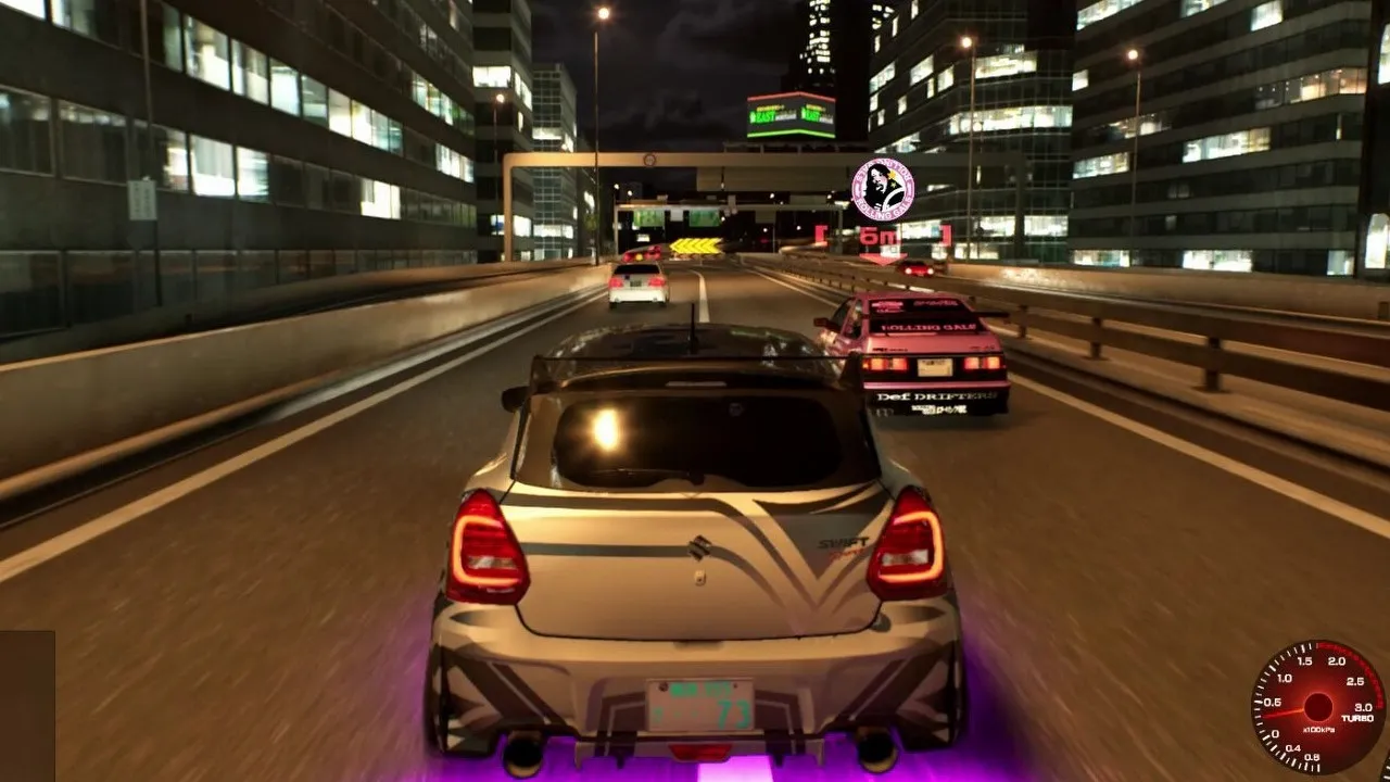 Captura Tokyo Xtreme Racer Vista Trasera De Un Coche Blanco Con Luces Moradas Corriendo Entre Rascacielos