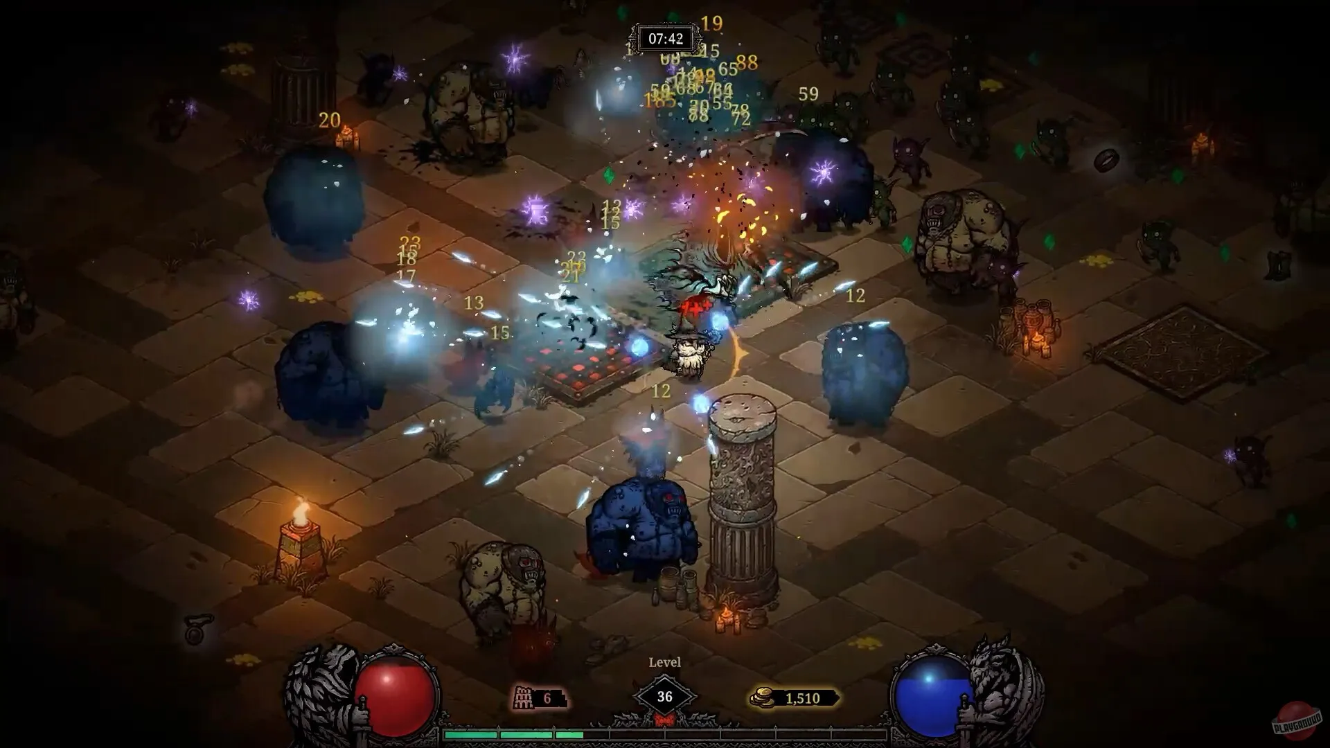 Captura Tower Of Babel Survivors Of Chaos Enfrentamiento Contra Multiples Enemigos Azules En Un Salon Amplio
