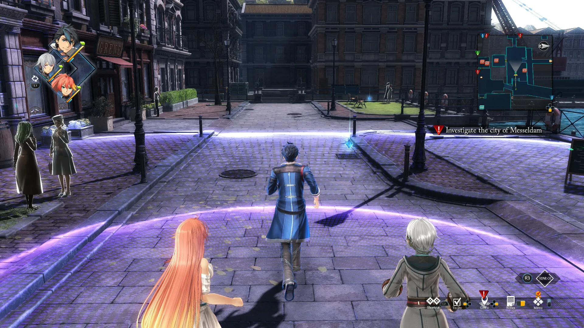 Captura Trails Through Daybreak – Escena Grupal Con Cuatro Personajes Avanzando En Una Ciudad Futurista