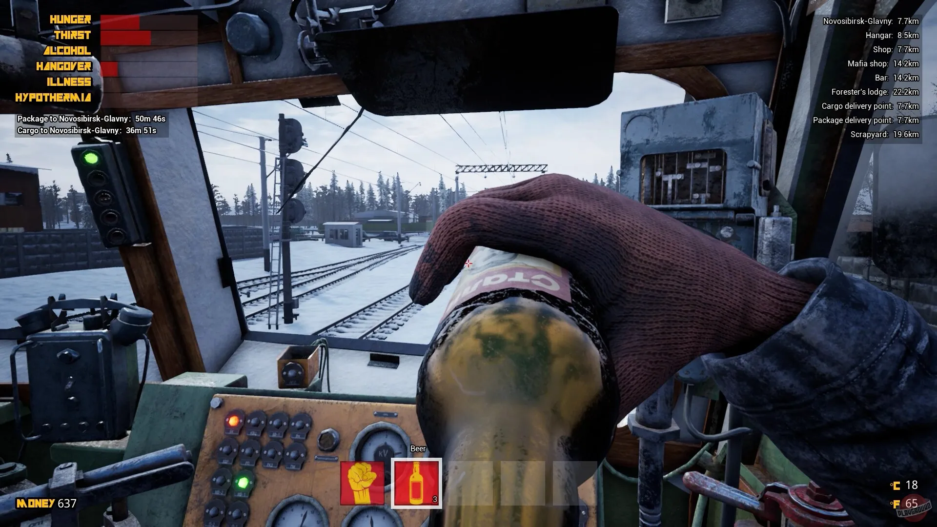 Captura Trans Siberian Railway Simulator – Mano Sosteniendo Una Botella Frente Al Panel De Controles