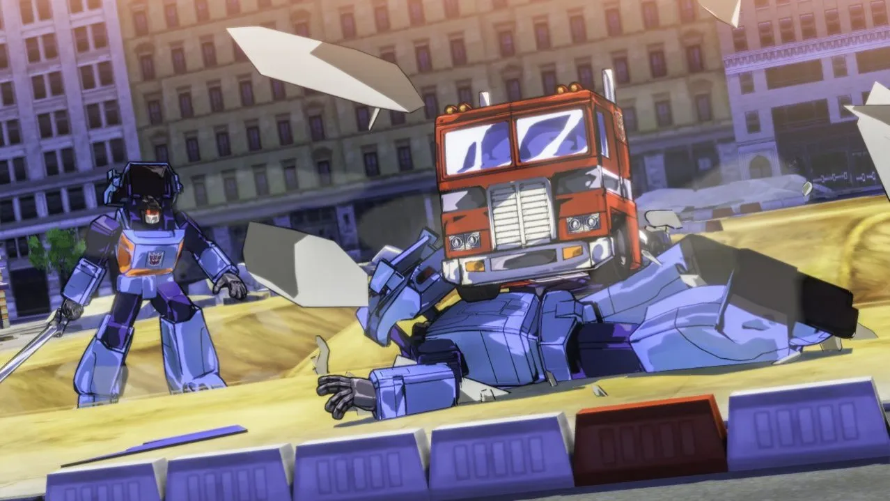 Captura Transformers Devastation Optimus Cae Herido Mientras Otro Robot Lo Observa En Medio De Escombros