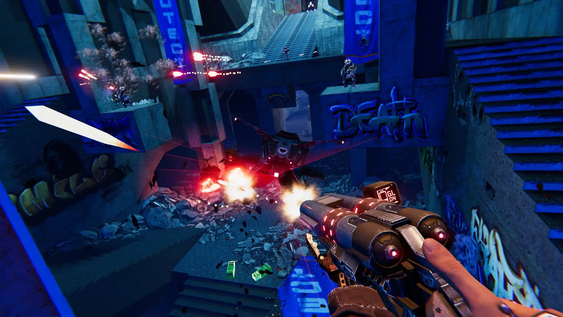 Captura Turbo Overkill – Disparo A Enemigos Desde Una Escalera En Entorno Futurista