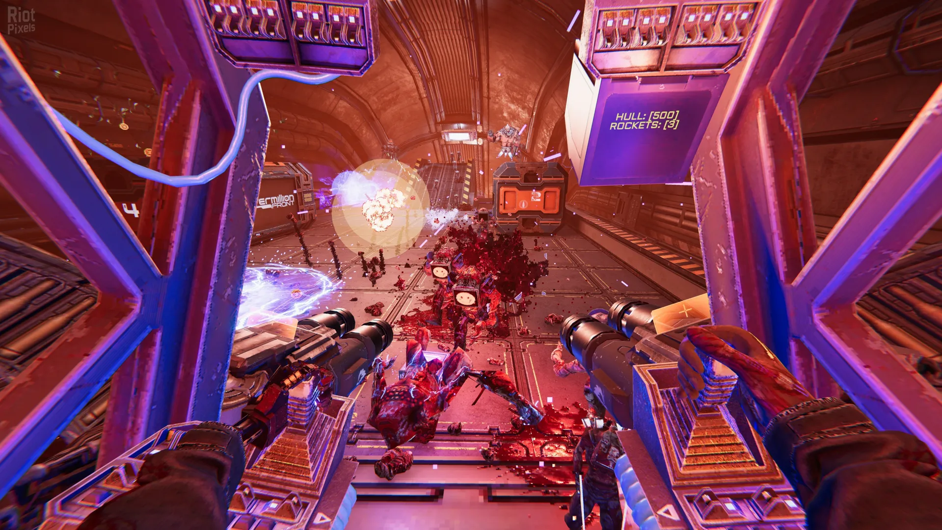 Captura Turbo Overkill – Escena De Disparos Intensos En Pasillo Iluminado Por Luces Neon