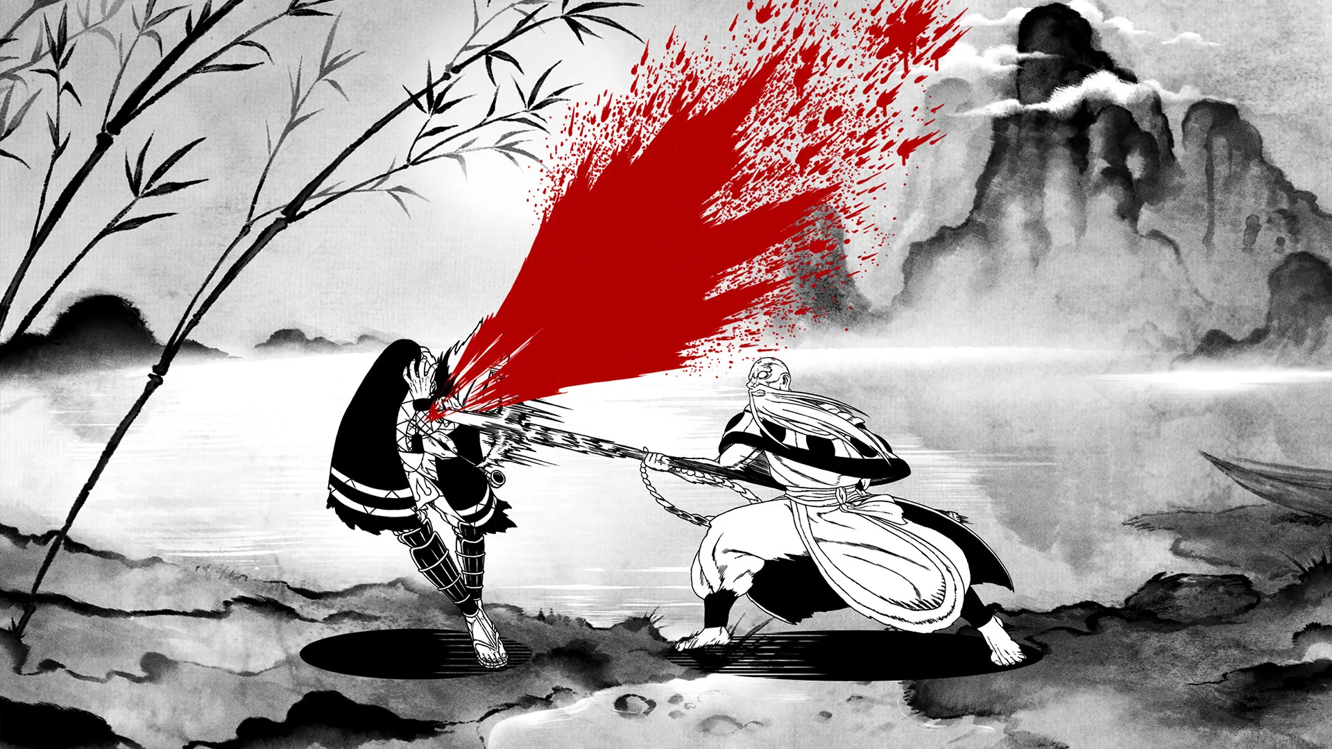 Captura Two Strikes Samurai Cae Con Una Estocada Fatal Mientras La Sangre Salpica En Rojo Vibrante