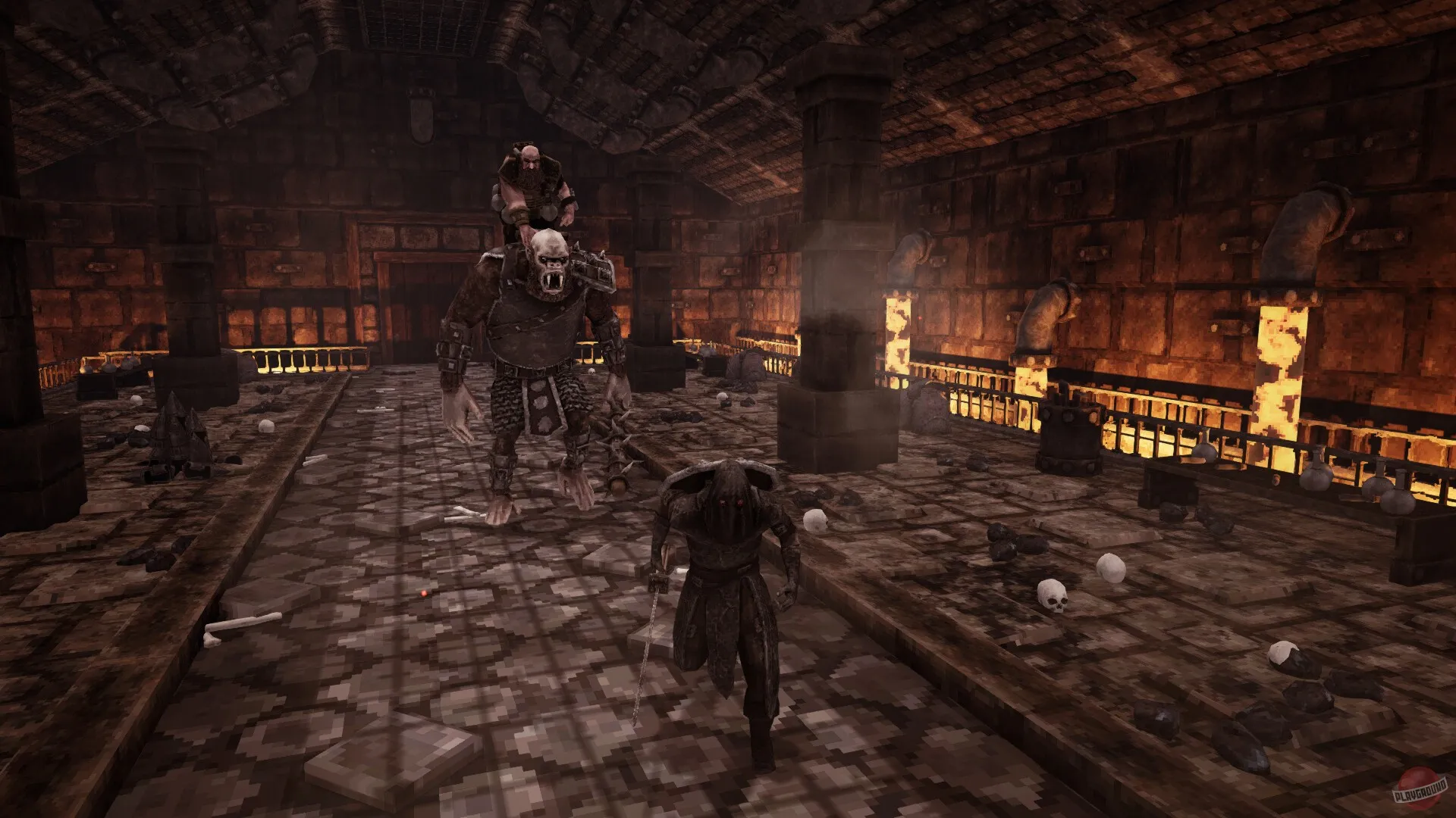 Captura Tyrants Realm – Personaje Con Armadura Enfrentando A Un Enemigo En Una Sala Iluminada Por Antorchas