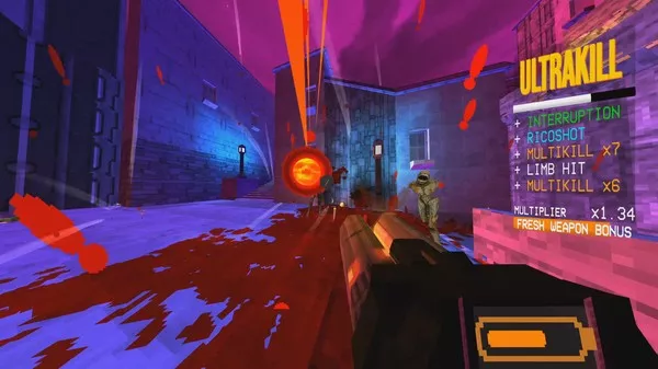 Captura Ultrakill – Disparo A Quemarropa En Un Pasillo Neon Lleno De Sangre En Las Paredes