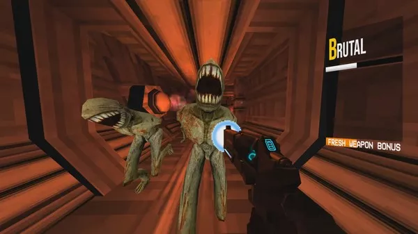 Captura Ultrakill – Enfrentamiento Frontal Con Enemigo En Tunel Metalico Iluminado