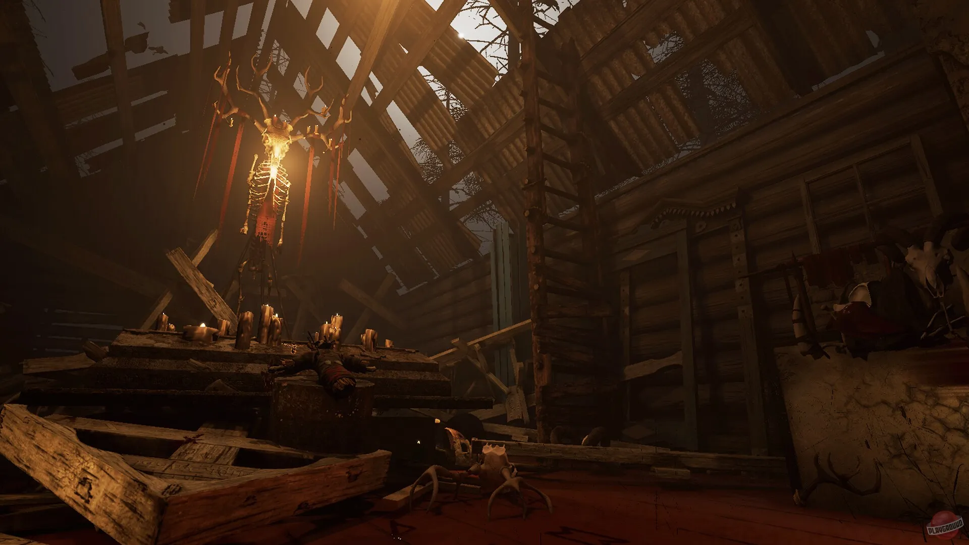 Captura Unforgotten Ordinance Interior Rustico Iluminado Por Lamparas Y Decorado Con Armas