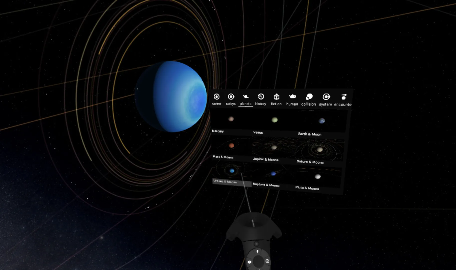 Captura Universe Sandbox – Planeta Azul Con Orbitas Visualizadas Alrededor Y Herramientas Laterales