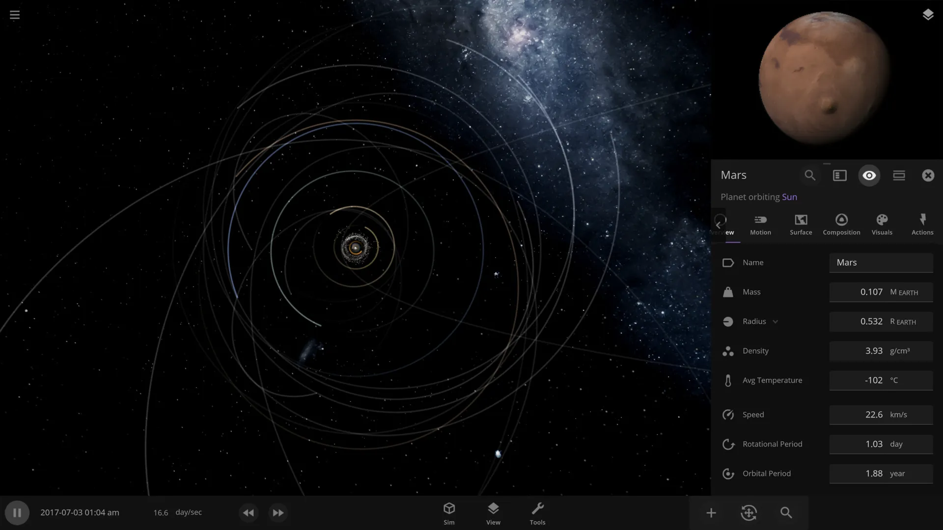Captura Universe Sandbox – Vista Oscura Del Sistema Solar Con Marte En Primer Plano