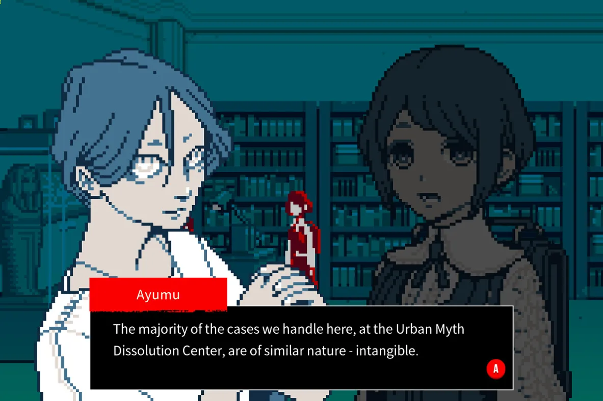 Captura Urban Myth Dissolution Center – Dialogo Entre Dos Personajes En Una Biblioteca