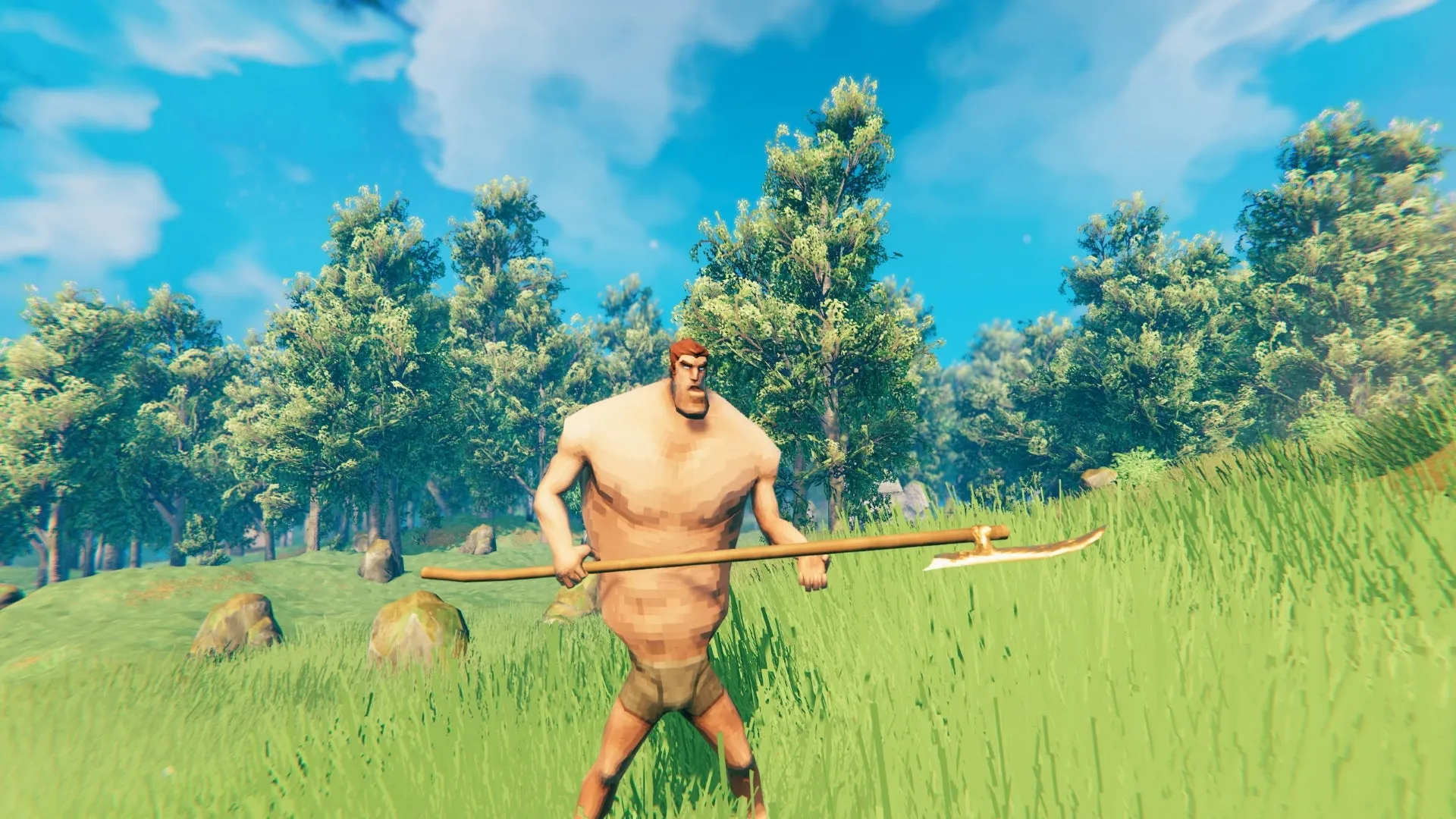 Captura Valheim – Gigante Sin Camisa Empunando Lanza En Bosque Soleado