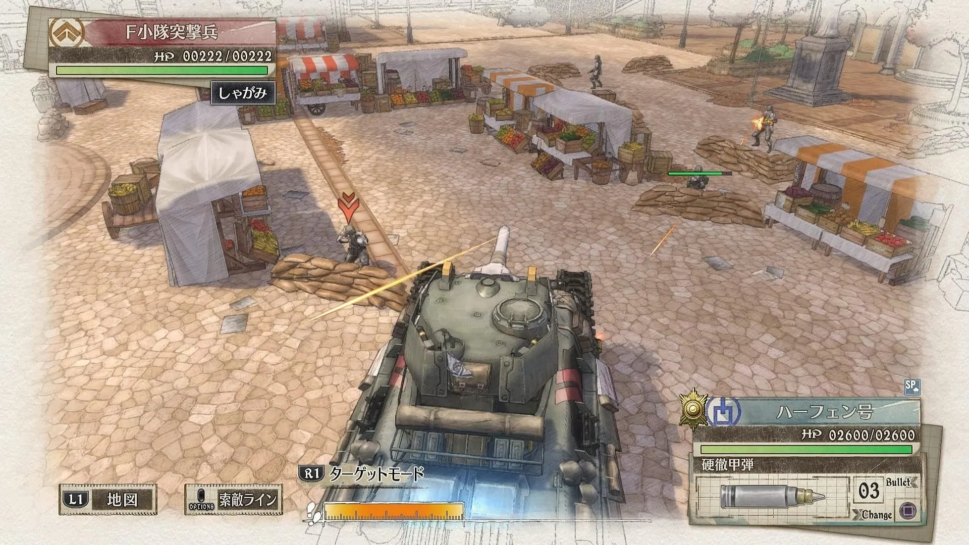 Captura Valkyria Chronicles 4 – Tanque Recorriendo Un Campamento En Terreno Seco Con Interfaz Activa