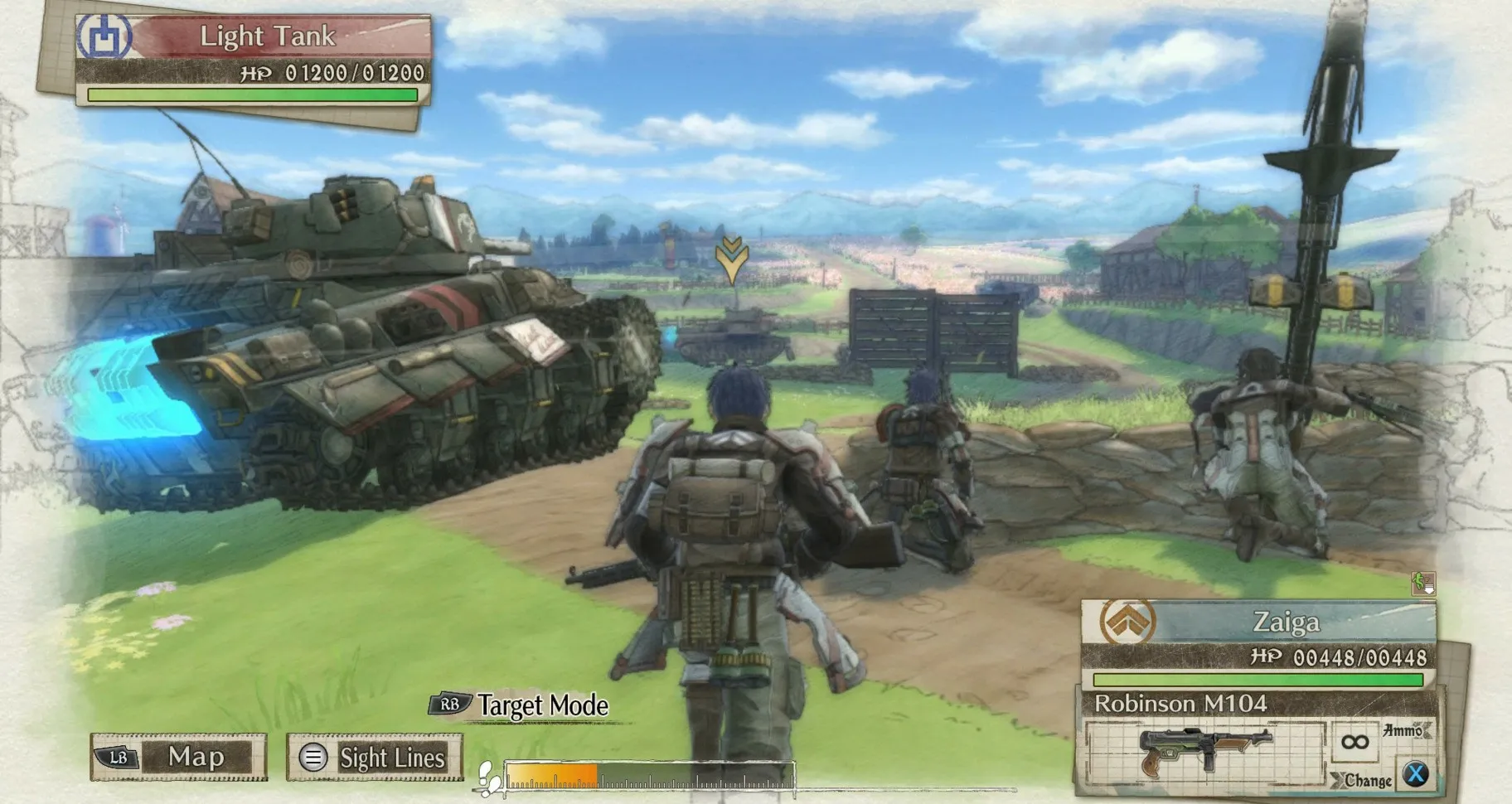 Captura Valkyria Chronicles 4 – Unidad Caminando Junto A Un Tanque Sobre Cesped En Zona Abierta