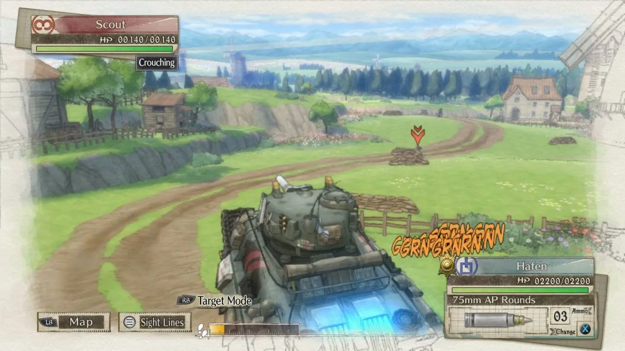 Captura Valkyria Chronicles 4 – Vehiculo Militar Avanzando Por Campo Verde Con Colinas Al Fondo