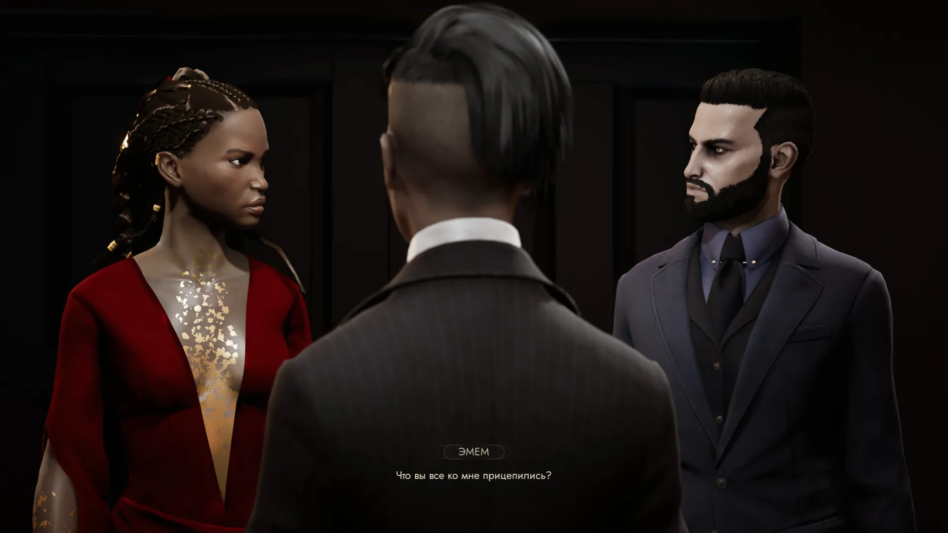 Captura Vampire The Masquerade – Swansong Conversacion Entre Tres Personajes Con Fondo Oscuro