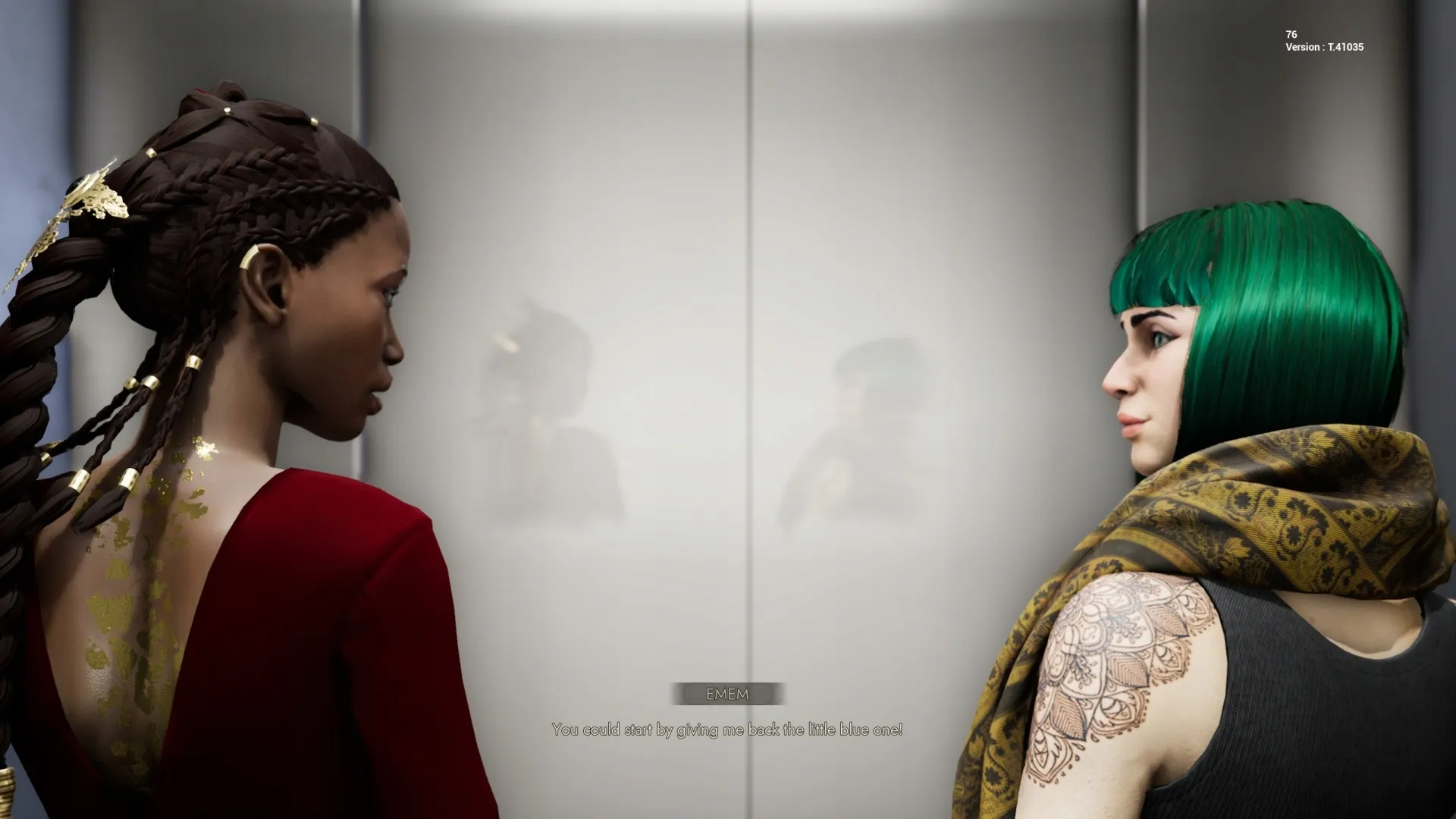 Captura Vampire The Masquerade – Swansong Escena En Un Ascensor Con Dos Mujeres Una De Cabello Verde