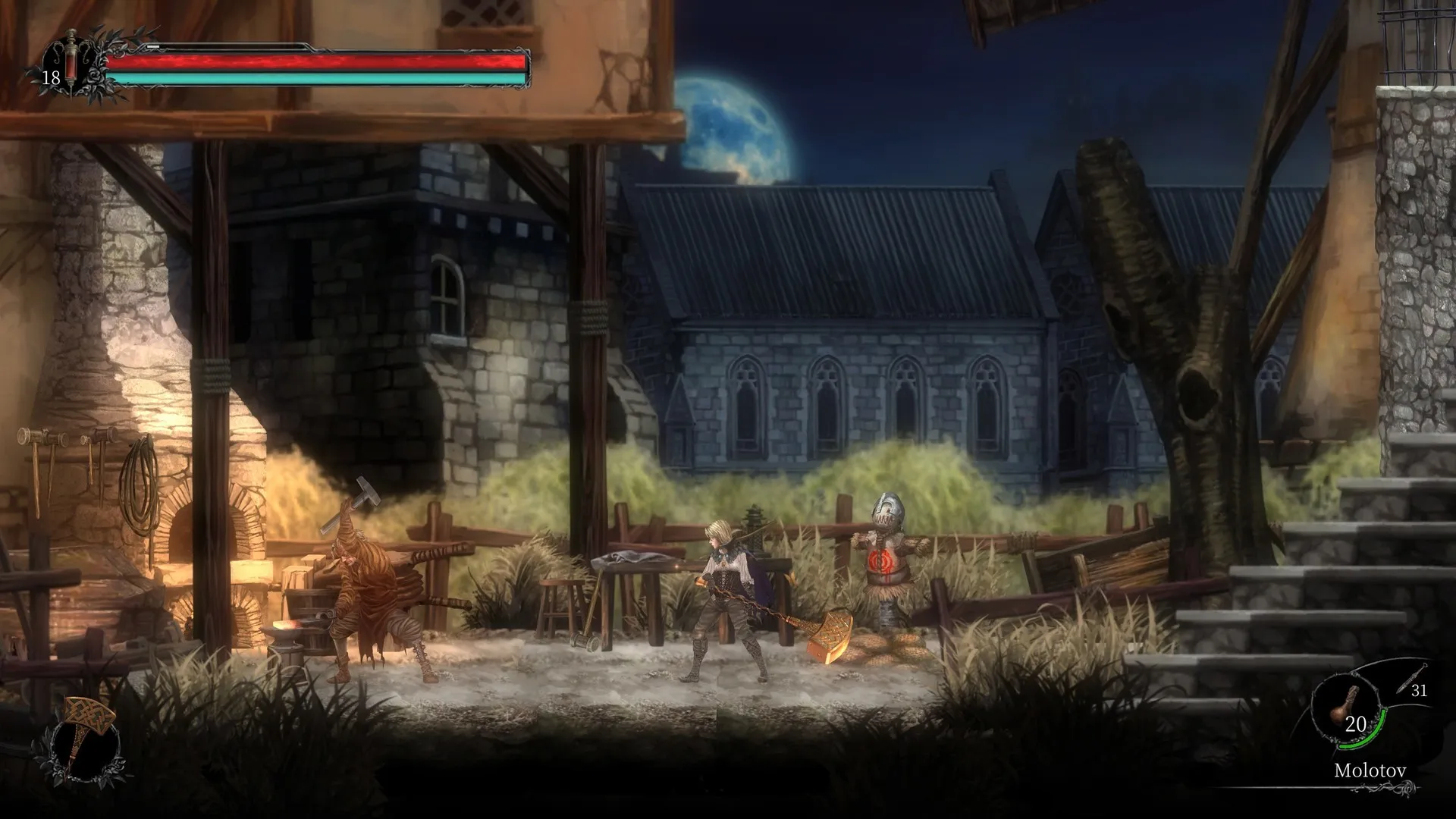 Captura Vigil The Longest Night – Escenario De Combate En Aldea Medieval Con Iluminacion Nocturna