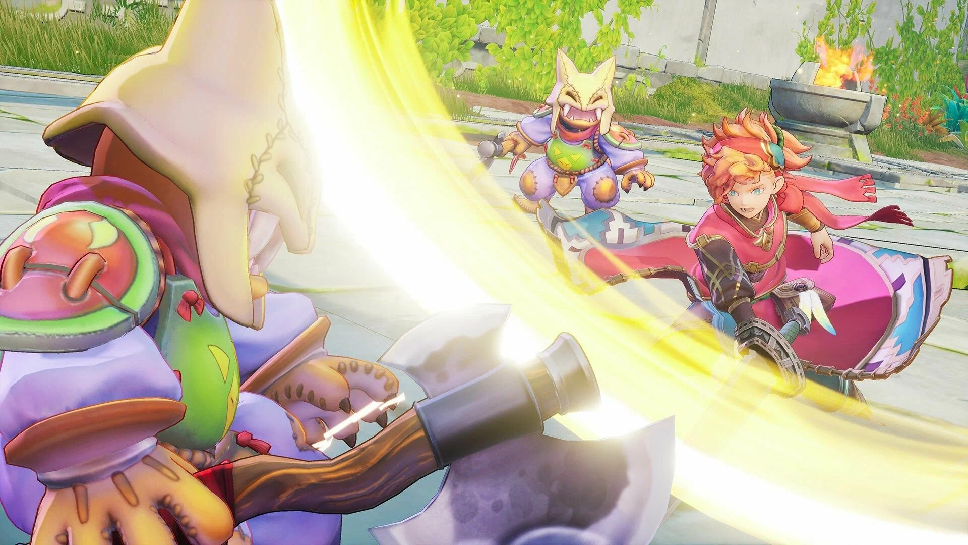 Captura Visions Of Mana – Personajes Combaten En Un Campo Brillante Tras Esquivar Un Ataque Circular
