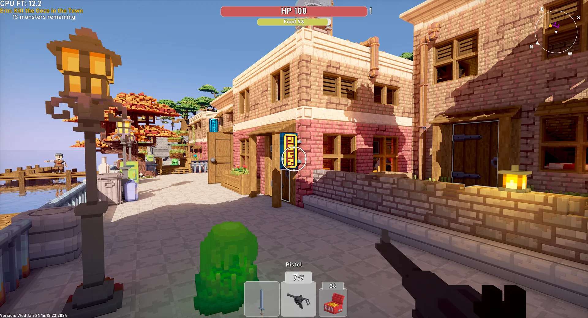 Captura Voxile – Calle Con Farolas Y Tiendas En Una Aldea De Estilo Voxel