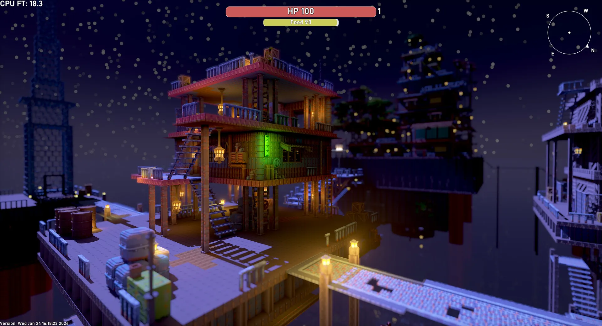 Captura Voxile – Pueblo Iluminado De Noche Con Edificios Flotantes En Entorno Nevado