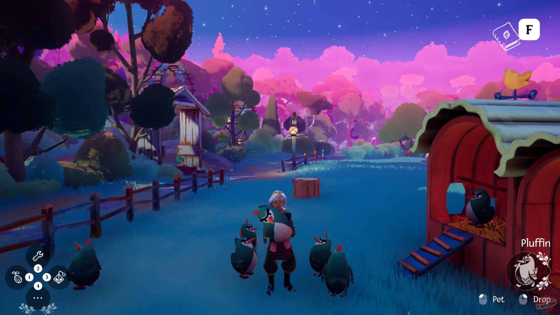 Captura Wanderstop – Escena Nocturna Frente A Una Cabana Con Luces Y Grupo Reunido