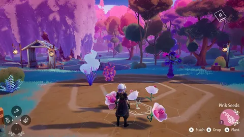 Captura Wanderstop – Vista Del Entorno Colorido Con Arboles Violetas Y Personajes Interactuando