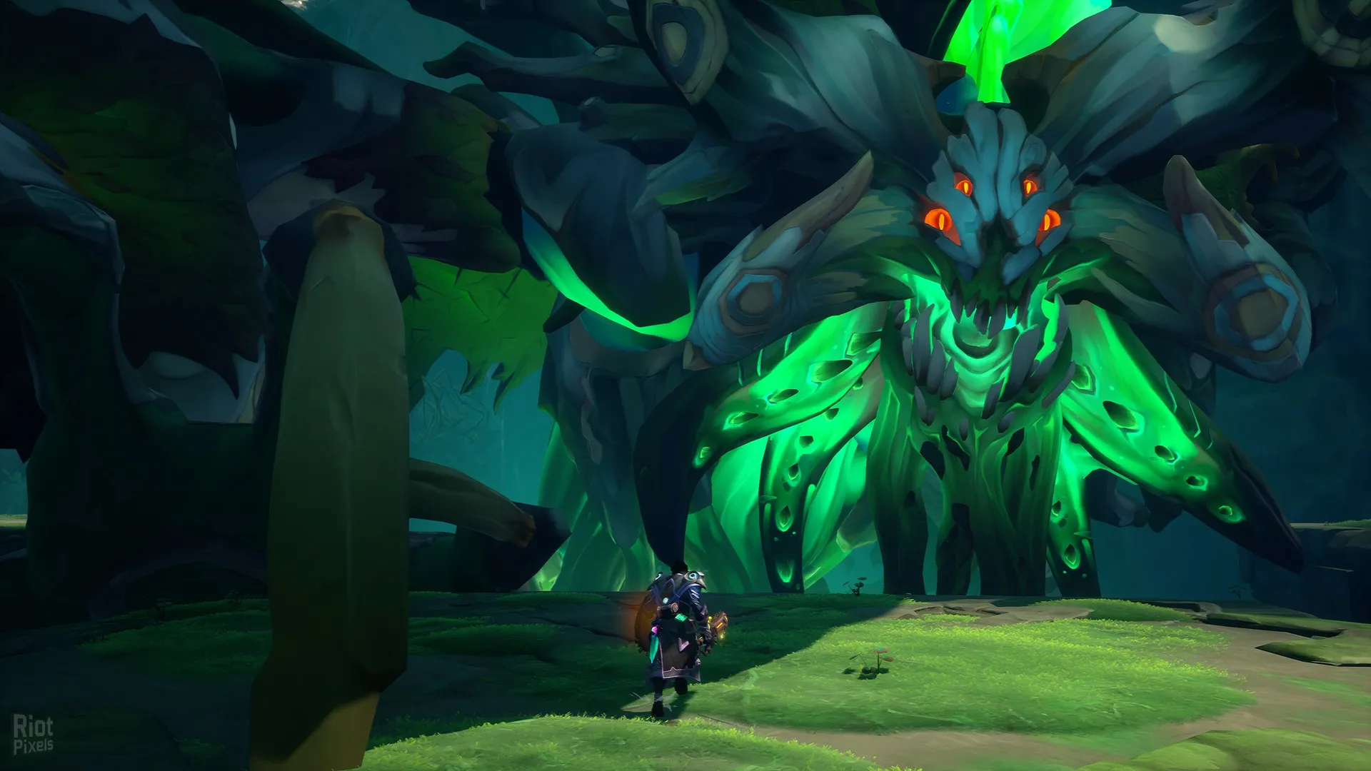 Captura Wayfinder – Criatura Verde Gigante Con Ojos Brillantes Frente A Un Guerrero Solitario