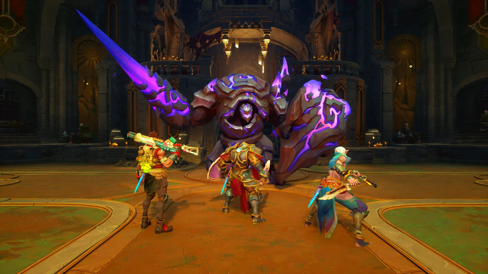 Captura Wayfinder – Escena De Batalla Grupal Contra Un Monstruo Purpura En Una Sala Iluminada